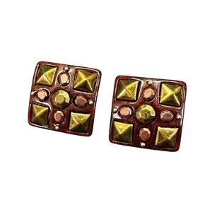Vintage Inlay Mixed Metal Square Stud Earrings